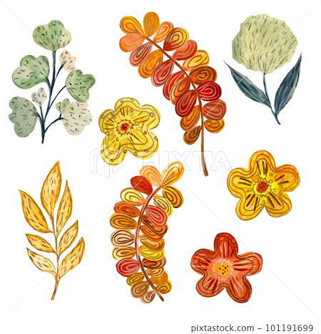 Flower textured set green yellow red watercolor Flower textured set green yellow red watercolor 101191699