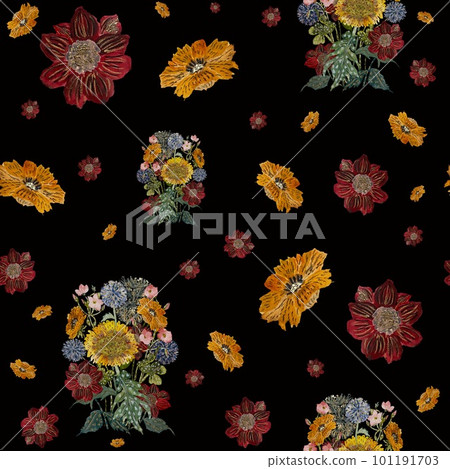 Bouquet flower black seamless pattern large size-插圖素材 [101191703] - PIXTA圖庫