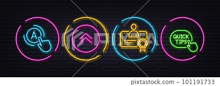 Ab testing, Certificate and Swipe up minimal line icons. Neon laser 3d lights. Quick tips icons. For web, application, printing. A test, Best employee, Scroll screen. Helpful tricks. Vector Ab testing, Certificate and Swipe up minimal line icons. Neon laser 3d lights. Quick tips icons. For web, application, printing. A test, Best employee, Scroll screen. Helpful tricks. Vector 101191733