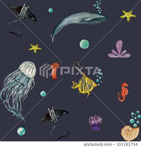 Whale jellyfish fish sea violet pattern watercolor 101191734