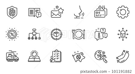 Outline set of Parcel tracking, Discount and Instruction manual line icons for web application. Talk, information, delivery truck outline icon. Vector Outline set of Parcel tracking, Discount and Instruction manual line icons for web application. Talk, information, delivery truck outline icon. Vector 101191882