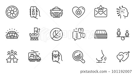 Outline set of Sports stadium, Insomnia and Vip mail line icons for web application. Talk, information, delivery truck outline icon. Include Shield, Equity, Health app icons. Vector 101192007