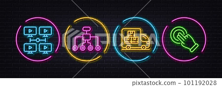 Delivery truck, Restructuring and Video conference minimal line icons. Neon laser 3d lights. Touchscreen gesture icons. For web, application, printing. Vector Delivery truck, Restructuring and Video conference minimal line icons. Neon laser 3d lights. Touchscreen gesture icons. For web, application, printing. Vector 101192028