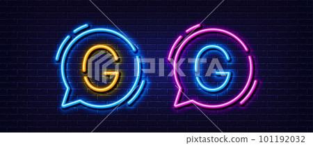 Initial letter G icon. Neon light line effect. Line typography character sign. Large first font letter. Glowing neon light speech bubble. Letter G glow 3d line. Brick wall banner. Vector Initial letter G icon. Neon light line effect. Line typography character sign. Large first font letter. Glowing neon light speech bubble. Letter G glow 3d line. Brick wall banner. Vector 101192032