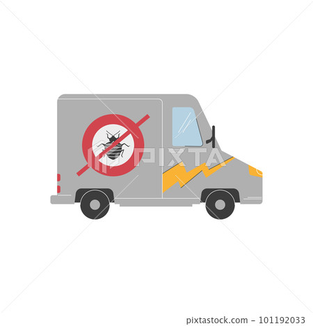 Pest control service truck with no bug logo, flat vector illustration isolated on white background. Pest control service truck with no bug logo, flat vector illustration isolated on white background. 101192033
