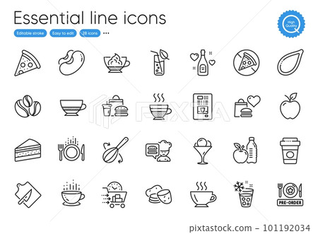 Prohibit food, Potato and Ice cream line icons. Collection of Cutting board, Pizza, Food delivery icons. Coffee-berry beans, Chef, Love champagne web elements. Espresso cream, Coffee cup. Vector Prohibit food, Potato and Ice cream line icons. Collection of Cutting board, Pizza, Food delivery icons. Coffee-berry beans, Chef, Love champagne web elements. Espresso cream, Coffee cup. Vector 101192034