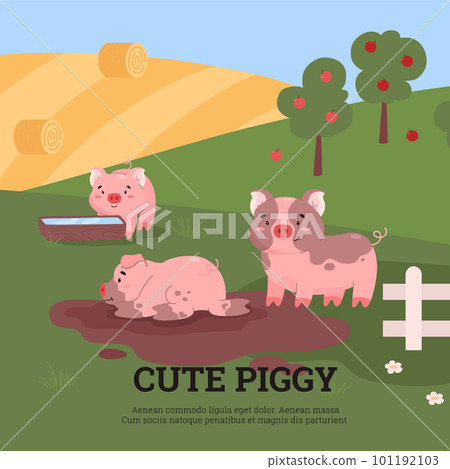 Group of cute and funny pigs playing in mud puddle, poster with text - cartoon flat vector illustration. Group of cute and funny pigs playing in mud puddle, poster with text - cartoon flat vector illustration. 101192103