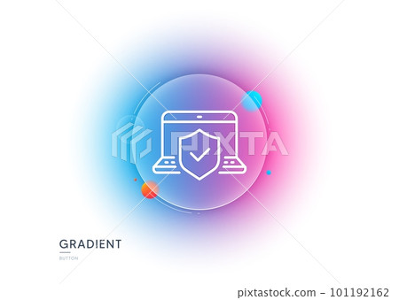 Laptop insurance hand line icon. Gradient blur button with glassmorphism. Risk coverage sign. Notebook protection symbol. Transparent glass design. Laptop insurance line icon. Vector 101192162