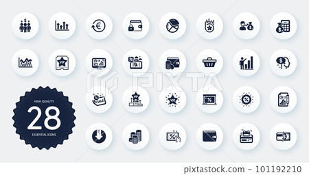 Set of Finance icons, such as Money wallet, Market and Pie chart flat icons. Exchange currency, Vip podium, Upper arrows web elements. Discount, Payment methods, Pay signs. Loyalty star. Vector Set of Finance icons, such as Money wallet, Market and Pie chart flat icons. Exchange currency, Vip podium, Upper arrows web elements. Discount, Payment methods, Pay signs. Loyalty star. Vector 101192210