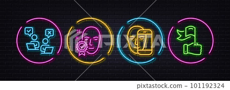 Face verified, Online voting and Face biometrics minimal line icons. Neon laser 3d lights. Leadership icons. For web, application, printing. Access granted, Internet poll, Facial recognition. Vector 101192324