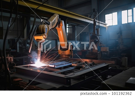 Robotic arm works on welding. Conveyor line at factory. Generative AI 101192362