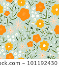 Flower field on mint background, seamless pattern illustration 101192430