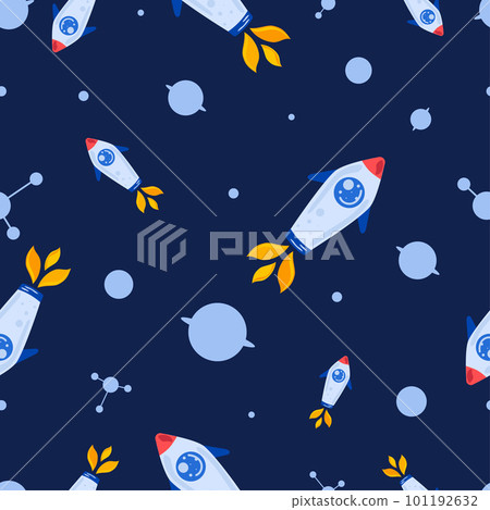 Space pattern on blue background with rockets and planets 101192632