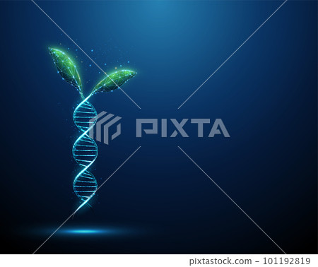 Green plant leafs growing from blue 3d DNA molecule helix Green plant leafs growing from blue 3d DNA molecule helix 101192819