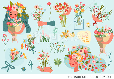 Delightful vector illustration featuring a woman, bouquet, and spring elements leaves, plants, petals, and buds. Ideal for spring cards and posters, banners, invitations. Vector illustration. Delightful vector illustration featuring a woman, bouquet, and spring elements leaves, plants, petals, and buds. Ideal for spring cards and posters, banners, invitations. Vector illustration. 101193053