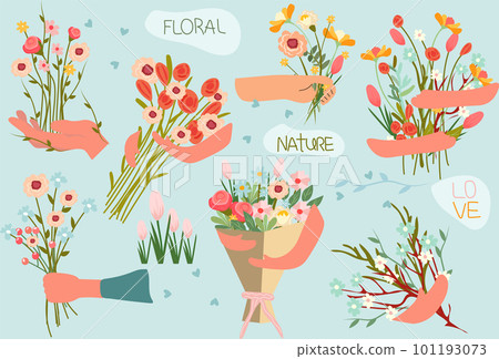 Hand holding bouquets of wildflowers, chamomile, poppies, and tulip in a vibrant array of red, yellow, and purple hues, set against a blue background. Perfect for various celebrations.Vector Hand holding bouquets of wildflowers, chamomile, poppies, and tulip in a vibrant array of red, yellow, and purple hues, set against a blue background. Perfect for various celebrations.Vector 101193073