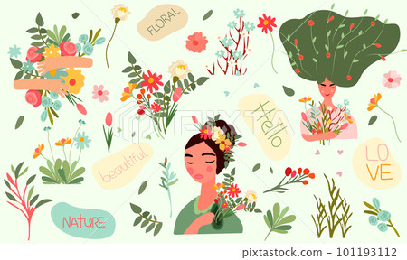 A charming woman with a floral wreath on her head and a bouquet of flowers in her hand. Vector illustration is ideal for Mothers Day cards, birthdays, banners, posters, etc. Vector illustration. 101193112