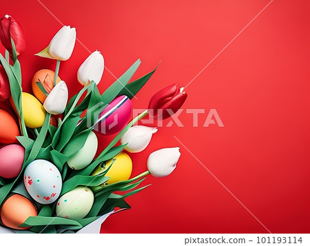 Easter holiday modern background with eggs and colorful tulip flowers. Generative AI. 101193114