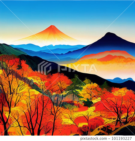 Autumn forest and volcanic mountains colorful landscape. Fictional colorful illustration. AI-generated 101193227