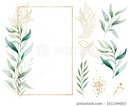 Rectangular golden frame made of green watercolor leaves, wedding illustration, single elements 101194003