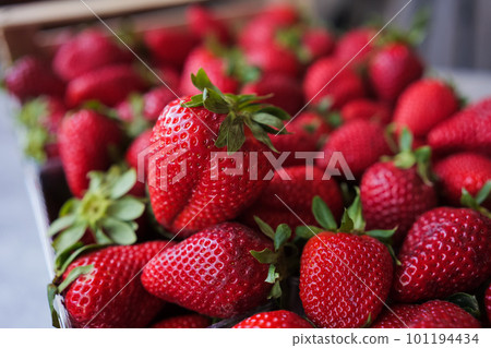 Delicious big ripe red strawberries in wooden box. One berry on the top Delicious big ripe red strawberries in wooden box. One berry on the top 101194434