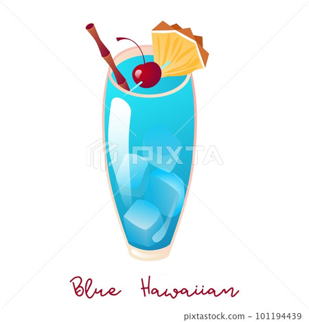 Vector illustration of alcohol Cocktail Blue Hawaiian, fruit garnish on glass of tropical cocktail with blue curacao liqueur, a cherry and a pineapple, hawaii mocktail drink with cubes of ice. 101194439