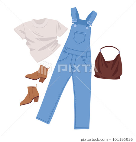 Cartoon denim overall outfit. Casual clothing with denim overalls, t-shirt and accessories flat vector illustration 101195036