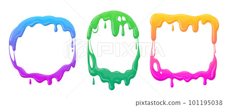 Cartoon slime frames. Mucus splash borders, jelly dripping frames, goo sticky liquid slime splatters flat vector illustration set 101195038