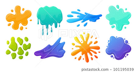 Cartoon slime splatters. Sticky goo liquid slime, colorful mucus splashes. Jelly dripping spots flat vector illustration collection 101195039