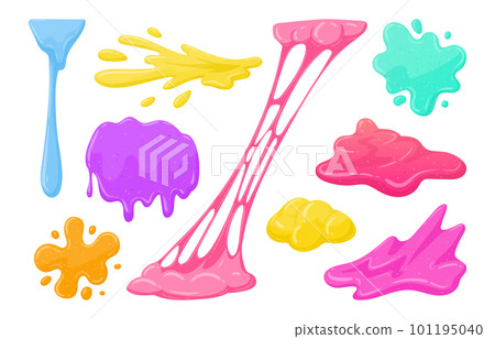 Cartoon sticky slime. Goo liquid slime splatters, mucus splashes. Jelly dripping spots flat vector illustration set 101195040