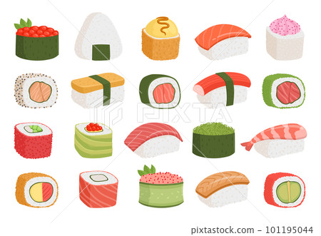 Japanese sushi rolls. Cartoon seafood dish, sushi, rolls with salmon, eel, tuna and caviar. Traditional asian cuisine flat vector illustration set 101195044