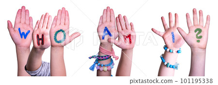Children Hands Building Word Who Am I. White Background 101195338