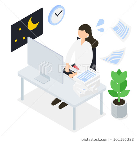 Isometric illustration of office staff with a lot of overtime and work 101195388