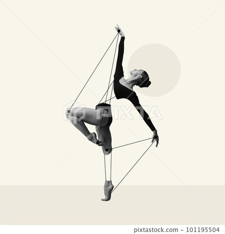 Graceful, artistic young woman, ballerina performing over light background with abstract design. Line elements. Contemporary art collage. Graceful, artistic young woman, ballerina performing over light background with abstract design. Line elements. Contemporary art collage. 101195504
