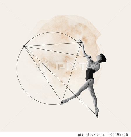 Young graceful girl, professional ballerina making performance over light background with abstract design elements. Contemporary art collage. 101195506