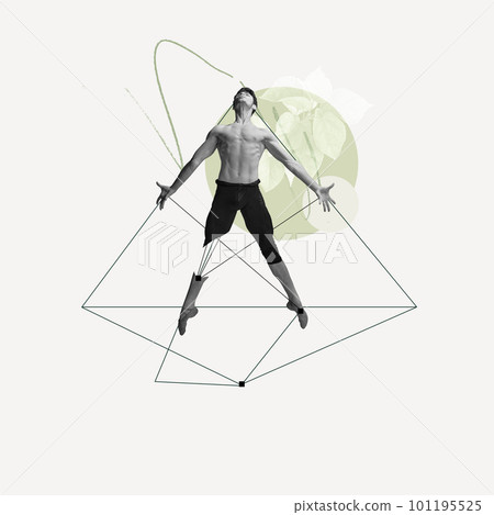 Muscular young man, professional ballet dancer over light background with abstract line elements. Contemporary art collage. 101195525