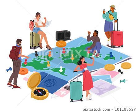 Group Of People Gather Around Huge World Map, Pointing Out Locations And Discussing Travel Plans Vector Illustration 101195557