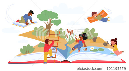 Children Reading Together On Top Of A Giant Book That Transports Them Into An Imaginative World Children Reading Together On Top Of A Giant Book That Transports Them Into An Imaginative World 101195559