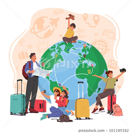 Group Of Travelers Is Depicted Around An Earth Globe With Various Travel Items. Image Promoting Travel Agencies Group Of Travelers Is Depicted Around An Earth Globe With Various Travel Items. Image Promoting Travel Agencies 101195582
