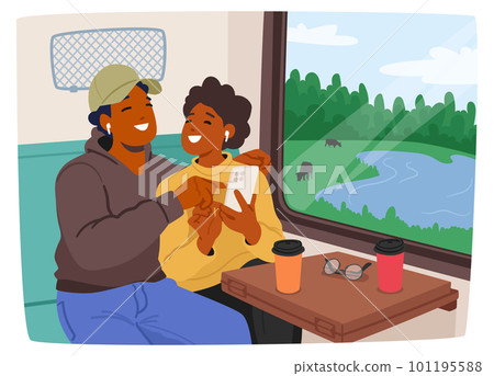 Young Man And Woman Couple Sitting In Train Carriage Chatting Looking in Smartphone Screen Cartoon Vector Illustration Young Man And Woman Couple Sitting In Train Carriage Chatting Looking in Smartphone Screen Cartoon Vector Illustration 101195588