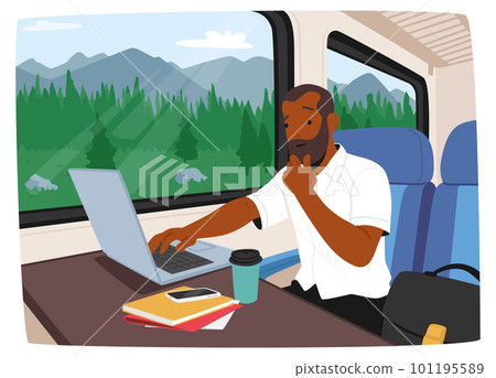 Man Using A Laptop While On A Train Commute. He Appears Focused And Productive Despite The Moving Vehicle Man Using A Laptop While On A Train Commute. He Appears Focused And Productive Despite The Moving Vehicle 101195589