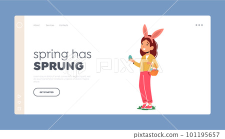 Easter Hunt Landing Page Template. Playful Child Girl Character Wearing Bunny Ears Holds Easter Eggs In Hands Easter Hunt Landing Page Template. Playful Child Girl Character Wearing Bunny Ears Holds Easter Eggs In Hands 101195657