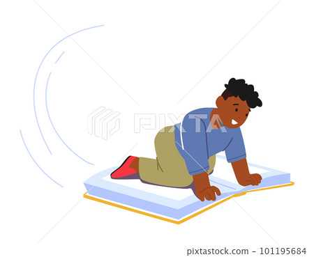 Kid Is Flying Atop A Huge Book Soaring Through The Air With A Look Of Wonder And Excitement On Face, Vector Illustration Kid Is Flying Atop A Huge Book Soaring Through The Air With A Look Of Wonder And Excitement On Face, Vector Illustration 101195684
