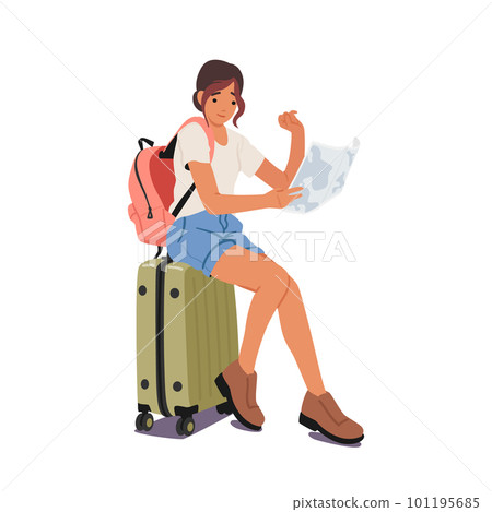 Young Woman Sitting On Suitcase Holding A Map With A Pensive Expression Planning Her Next Adventure Vector Illustration Young Woman Sitting On Suitcase Holding A Map With A Pensive Expression Planning Her Next Adventure Vector Illustration 101195685