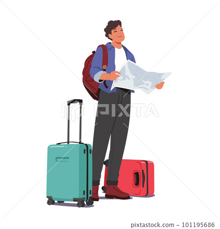 Man Holding A Map And Carrying Luggage, Looking Prepared To Travel. Image Promoting Travel-related Products And Services Man Holding A Map And Carrying Luggage, Looking Prepared To Travel. Image Promoting Travel-related Products And Services 101195686