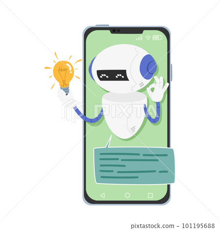 Chatbot with Glowing Light Bulb on Smartphone screen. Ai-based Software That Interacts With Users Via Messaging Apps Chatbot with Glowing Light Bulb on Smartphone screen. Ai-based Software That Interacts With Users Via Messaging Apps 101195688