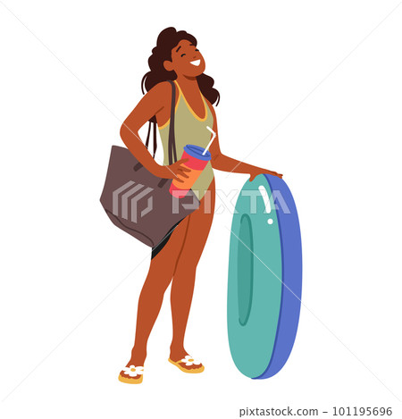 Young Female Child Stands With Round Floaty In Hand Isolated On White Background. Teen Black Girl Wearing A Bathing Suit Young Female Child Stands With Round Floaty In Hand Isolated On White Background. Teen Black Girl Wearing A Bathing Suit 101195696