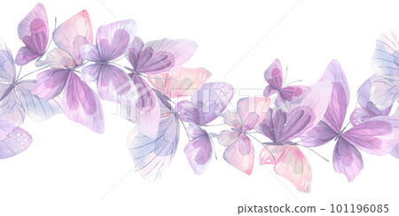 Pink, lilac and blue butterflies, gentle, airy, flying. Watercolor illustration. Seamless border on a white background. For decoration and design of posters, wallpapers, postcards, fabrics, textiles. 101196085