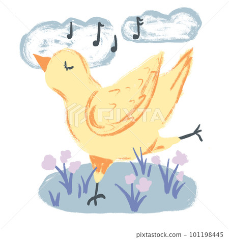 Hand drawn cute illustration of yellow chicken dancing singing music with clouds flowers. Funny design for kids children nursery, domestic animal bird poultry hen, Easter concept spring print. 101198445
