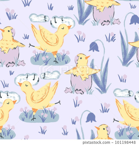 Hand drawn cute seamless pattern yellow chicken dancing singing music with clouds flowers. Funny design for kids children nursery, domestic animal bird poultry hen, Easter eggs concept spring print. 101198448